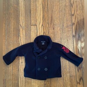 Ralph Lauren baby navy fleece Pea Coat with anchor detail buttons red logo patch